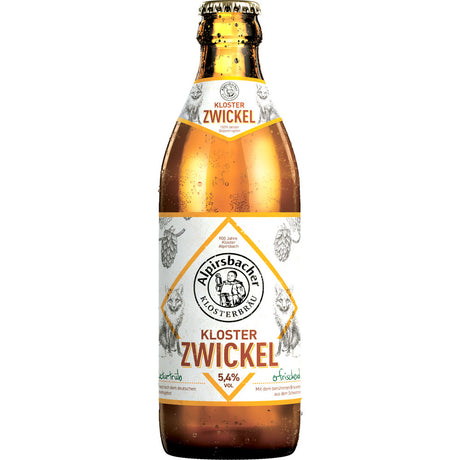 Eine mit Kondenswasser bedeckte Flasche Alpirsbacher Klosterbräu Zwickel 0,33L mit weißem und orangefarbenem Etikett, aus der 20x 0,33 Liter (MEHRWEG) Packung.