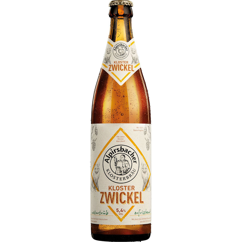 Eine Flasche Alpirsbacher Kloster-Zwickel Naturtrüb von Alpirsbacher Klosterbräu, 5,4% Alkohol, kommt in einer 0,5L MEHRWEG-Flasche mit einem weiß-goldenen Etikett.