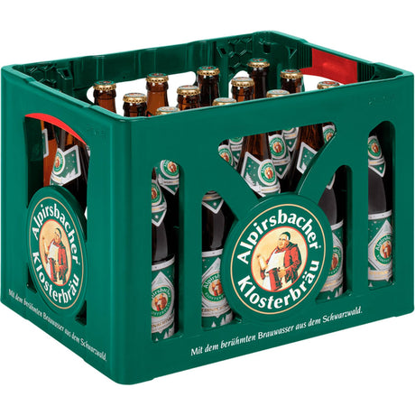 Eine grüne Kiste Alpirsbacher Weihnachtsbier 20x 0,5L (MEHRWEG) von Alpirsbacher Klosterbräu-Schwarzwald mit Mönchsetiketten, ideal zum Genießen dieser saisonalen Spezialität.