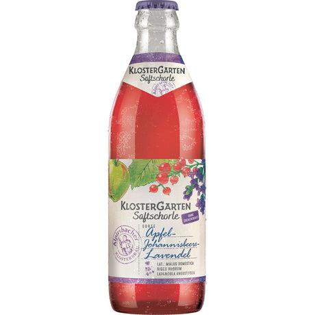 Alpirsbacher Klosterbräu KlosterGarten Saftschorle Apfel-Johannisbeere-Lavendel in der 0,33-Liter-Glasflasche mit floralem Etikett; erhältlich im 20er-Pack (MEHRWEG).