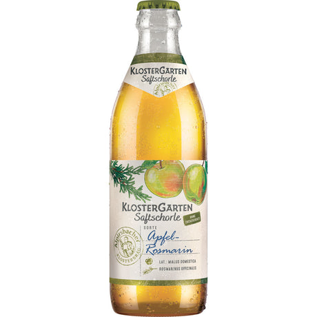 Eine 0,33-Liter-Flasche Alpirsbacher Klosterbräu KlosterGarten Saftschorle Apfel-Rosmarin mit Apfel- und Rosmarin-Aromen, ideal für alle, die fruchtige Mischungen wie Birnen-Ingwer Saftschorle mögen.