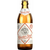 Eine 0,33-Liter-Flasche Alpirsbacher Klosterstoff Bügel von Alpirsbacher Klosterbräu im 20er-Pack (MEHRWEG) mit weiß-rotem Etikett und 5,9 % Alkoholgehalt.