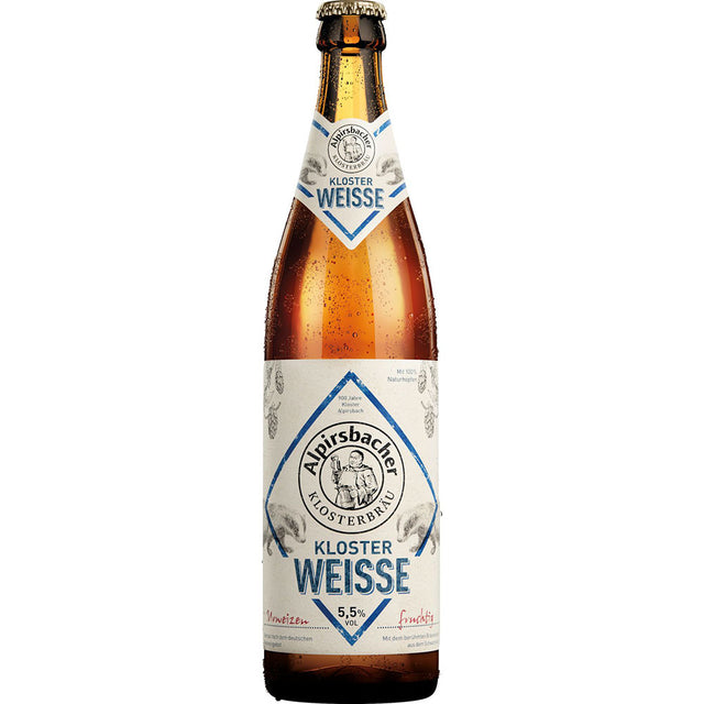 Eine gekühlte Flasche Alpirsbacher Klosterweiße 20x 0,5 Liter (MEHRWEG) von Alpirsbacher Klosterbräu mit dem kultigen weiß-blauen Etikett verspricht eine erfrischende Klosterbierspezialität.