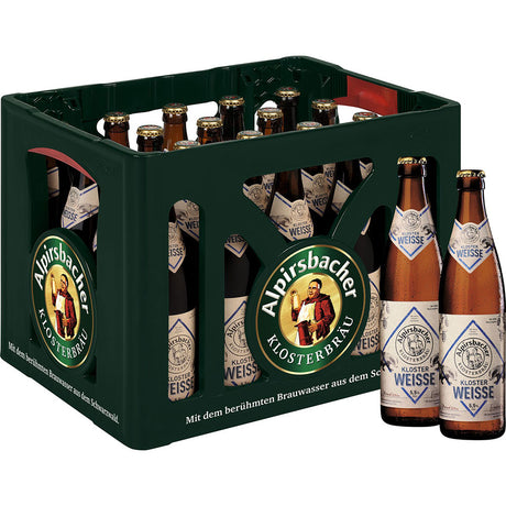 Eine Kiste Alpirsbacher Klosterbräu mit zwei Flaschen vorne drauf, mit Alpirsbacher Klosterweiße 20x 0,5 Liter (MEHRWEG).