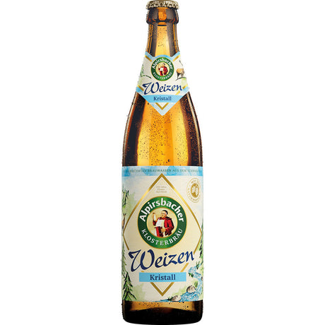 Eine 0,5-Liter-Flasche Alpirsbacher Klosterbräu Kristall aus dem 20er-Pack (MEHRWEG) mit blau-weißem Etikett, das die erfrischende Klarheit dieses traditionellen Kristallweizens unterstreicht.