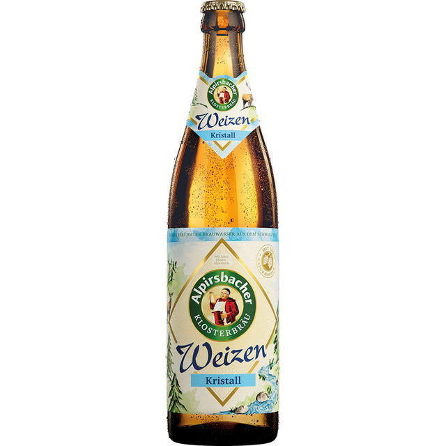 Eine 0,5-Liter-Flasche Alpirsbacher Klosterbräu Kristall aus dem 20er-Pack (MEHRWEG) mit blau-weißem Etikett, das die erfrischende Klarheit dieses traditionellen Kristallweizens unterstreicht.