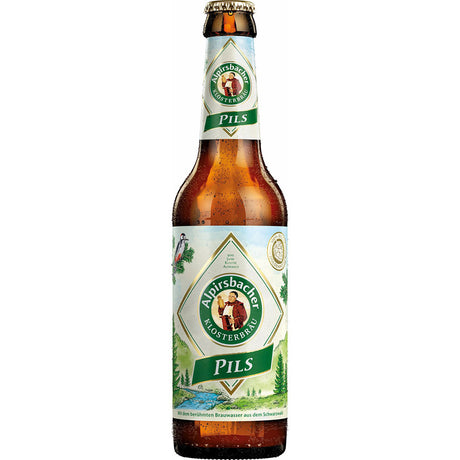 Eine kalte Alpirsbacher Klosterbräu Pils 0,33L Flasche aus dem 24er-Pack (MEHRWEG) mit grünem Etikett und klassischer Schwarzwälder Brautradition.