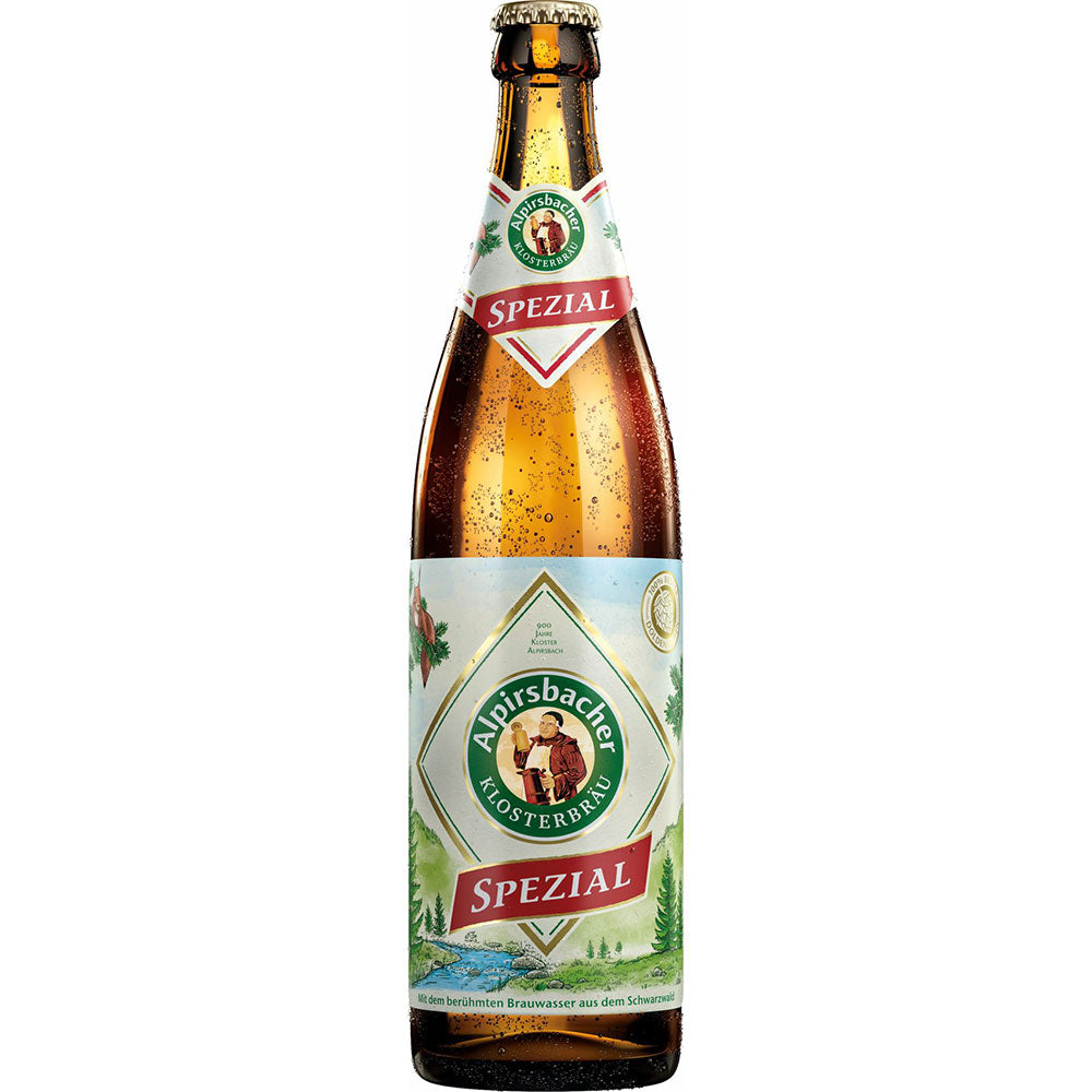 Eine Flasche Alpirsbacher Klosterbräu Spezial 20x 0,5 Liter (MEHRWEG) mit einem weiß-grünen Etikett mit Goldfolie am Hals.