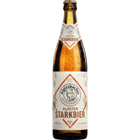 Eine Braunglasflasche Alpirsbacher Kloster Starkbier 20x 0,5 Liter (MEHRWEG) von Alpirsbacher Klosterbräu, mit einem weiß-orangen Etikett und 7,3% Alkohol.