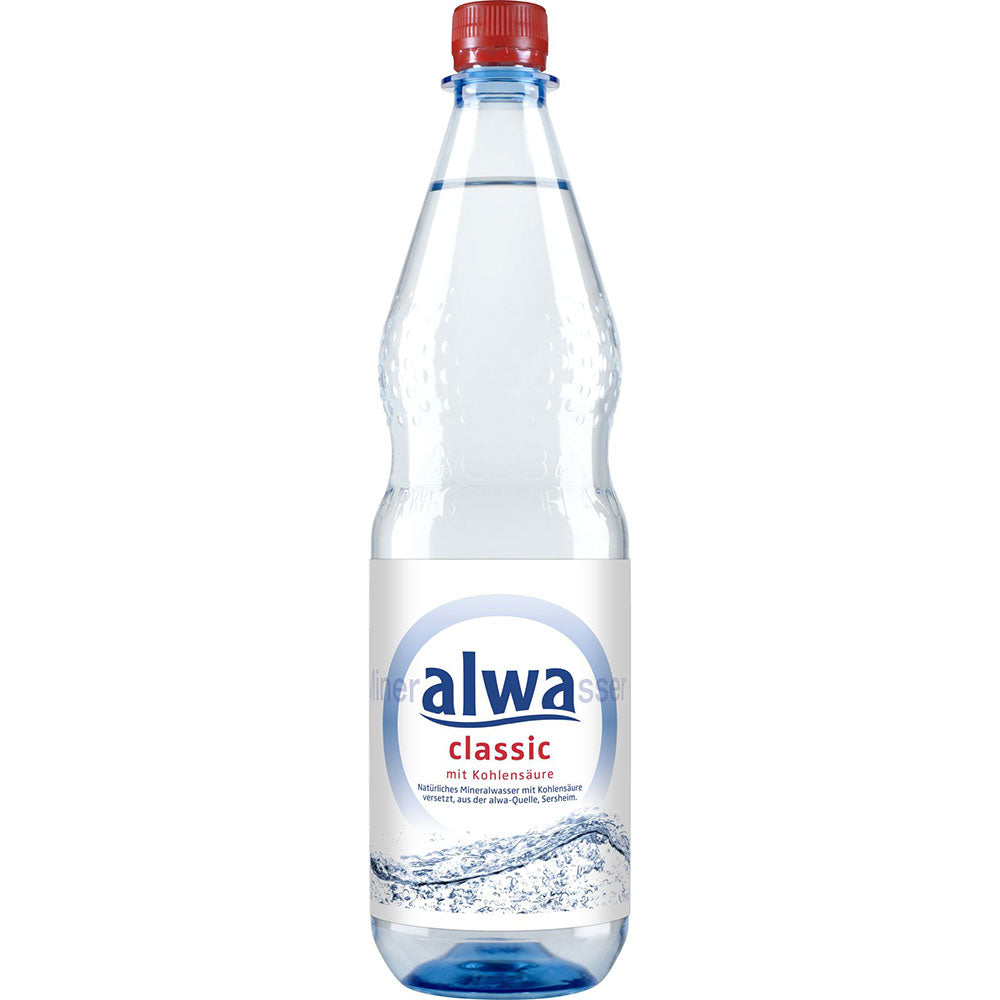 Klare 1-Liter-PET-Flasche alwa Mineralwasser Classic (MEHRWEG) aus Baden-Württemberg, mit rotem Verschluss und blau-weißem Etikett, erhältlich im 12er-Pack.