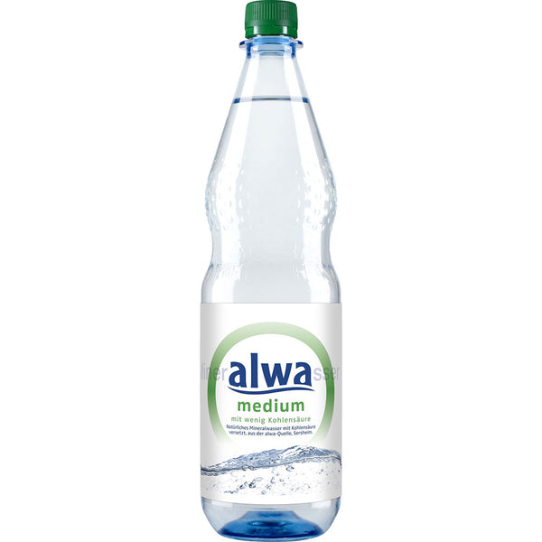 Klare Kunststoffflasche alwa Mineralwasser Medium PET 12x1L (MEHRWEG) mit grünem Deckel und blauem Etikett, bekannt für seinen hohen Calciumgehalt.