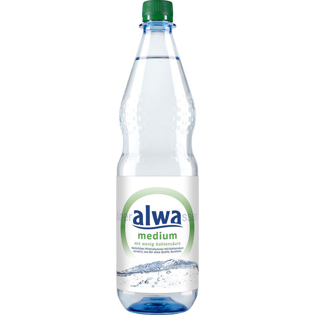 Klare Kunststoffflasche alwa Mineralwasser Medium PET 12x1L (MEHRWEG) mit grünem Deckel und blauem Etikett, bekannt für seinen hohen Calciumgehalt.