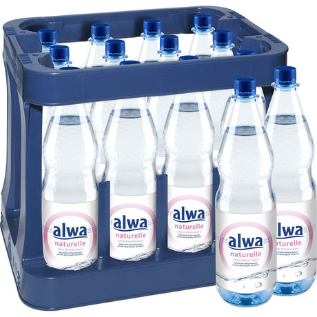 Eine blaue Kiste mit 12 Flaschen alwa Mineralwasser Alwa Naturell PET 1L (MEHRWEG), jeweils mit blauen Verschlüssen und klaren Etiketten, mineralstoffreich und still.