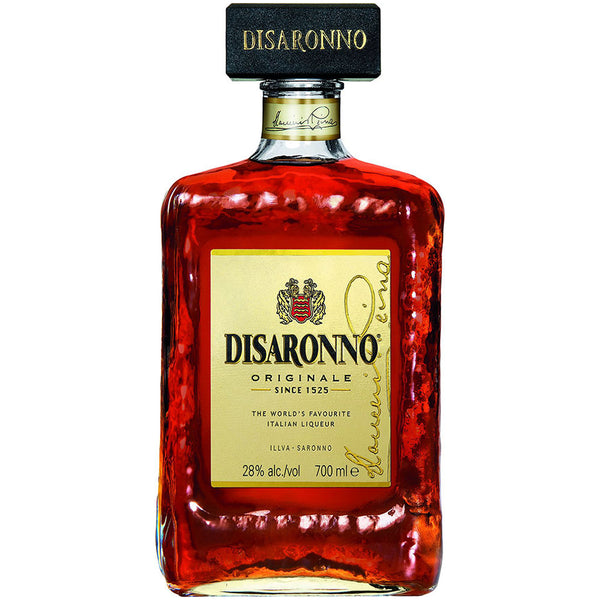 Eine 0,7-Liter-Flasche Disaronno Amaretto Originale (28%) mit dem charakteristischen quadratischen schwarzen Verschluss und dem goldenen Etikett von Disaronno.