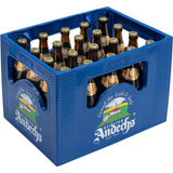 Eine blaue Kiste von Kloster Andechs enthält 20 x 0,5 l Andechser Doppelbock Dunkel (MEHRWEG) in Braunglasflaschen mit dem Logo der Brauerei und den typischen Bockbieretiketten.