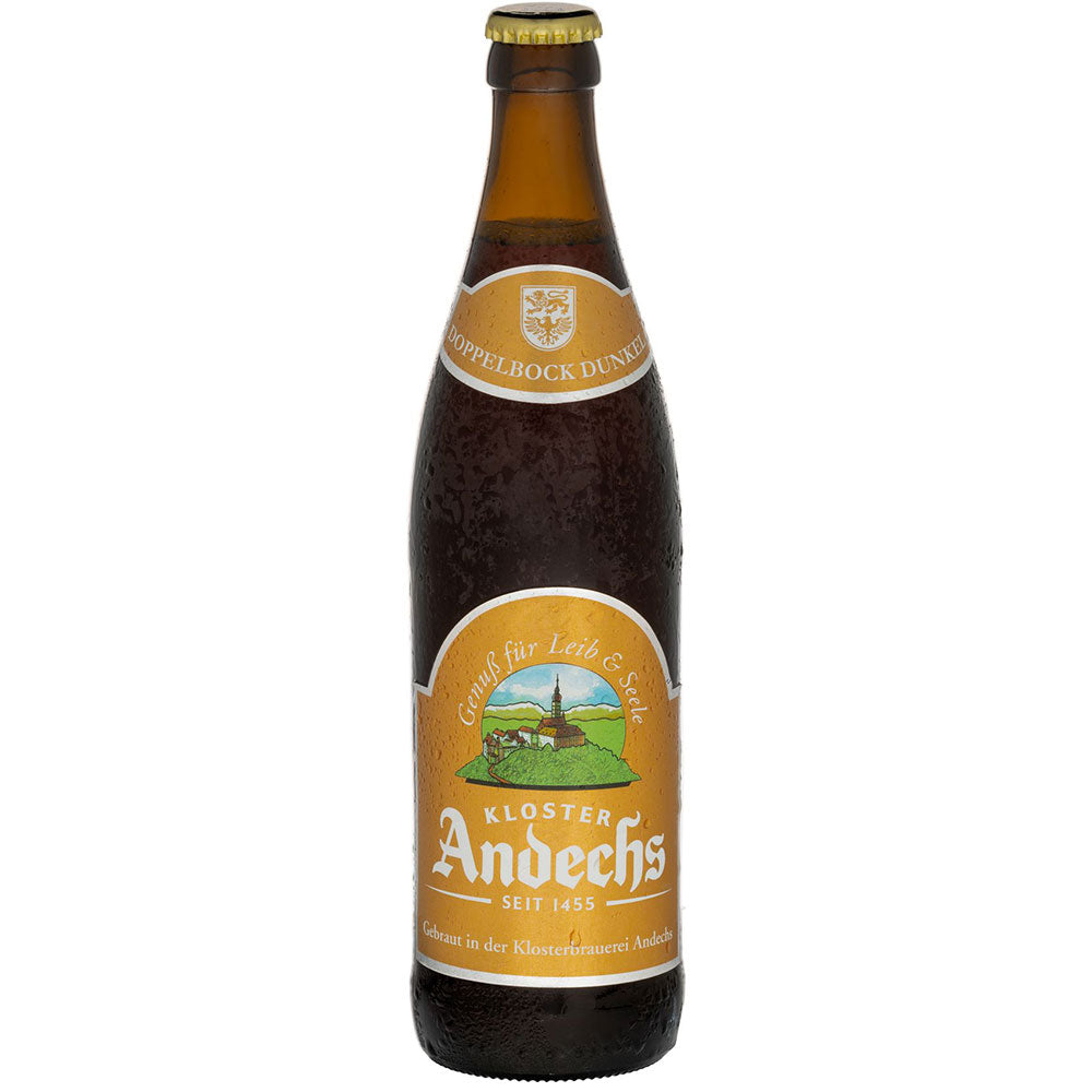 Eine braune Flasche Kloster Andechs Andechser Doppelbock Dunkel 20x 0,5 Liter (MEHRWEG) mit einem gold-gelben Etikett, das dieses klassische Bockbier präsentiert.