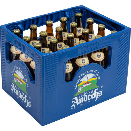 Eine blaue Kiste enthält 20 Braunglasflaschen (je 0,5 l) von Kloster Andechs Andechser Weißbier Alkoholfrei, einem alkoholfreien Hefeweizen-Weizenbier (MEHRWEG).