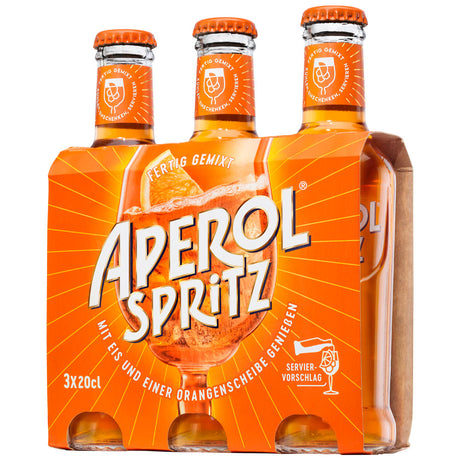 Aperol Spritz Ready-to-Drink 10,5% von Aperol, verpackt in 24x0,2L Flaschen mit orangefarbener Verpackung, auf deren Vorderseite ein Glas des Cocktails mit Eis abgebildet ist.
