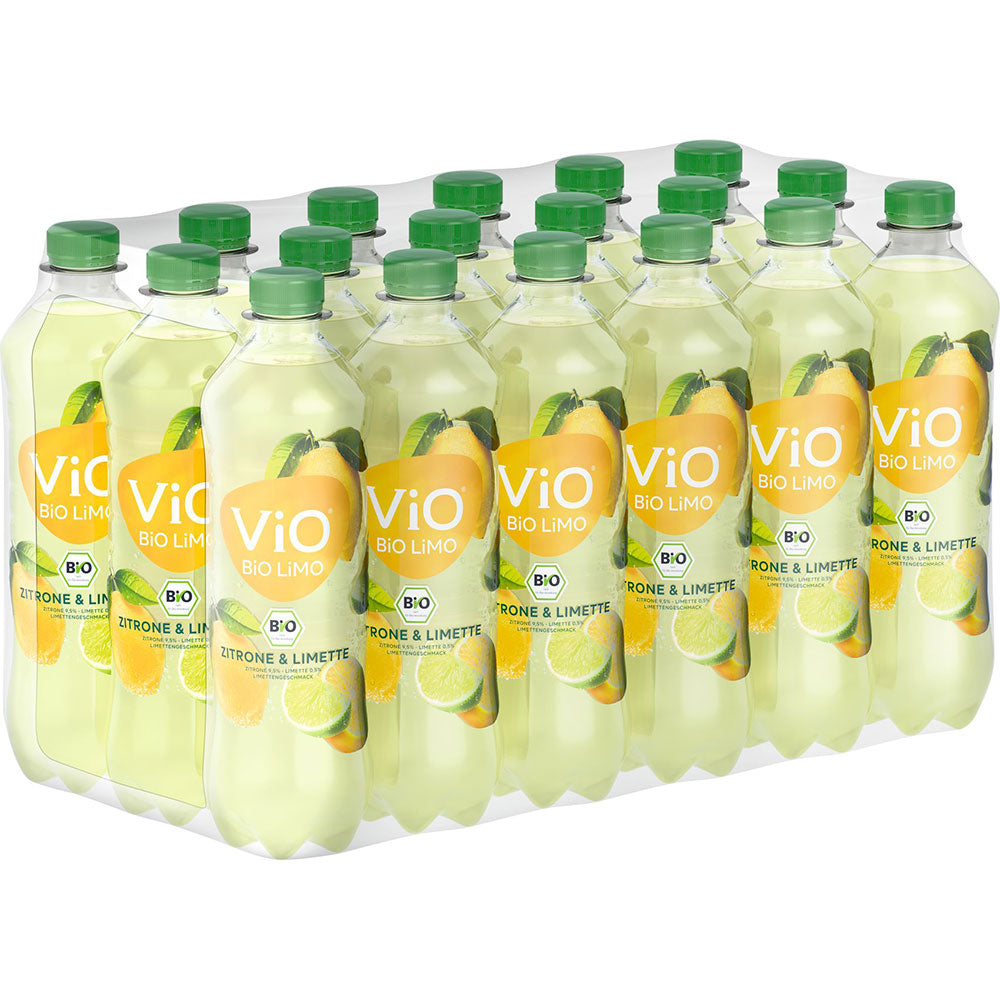 Ein 18er-Pack ViO Bio Limo Lemon (PEW), je 0,5 l, von ViO BiO LiMO, erfrischende Zitronenlimonaden in einer Kunststoffschale.