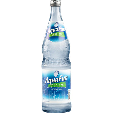 Aqua Fun Medium 12x0,7L (MEHRWEG) ist ein Mineralwasser in Glasflaschen mit mittlerer Kohlensäure aus der Elfen-Quelle, mit natürlicher Mineralisierung und blau-grünem Etikett.