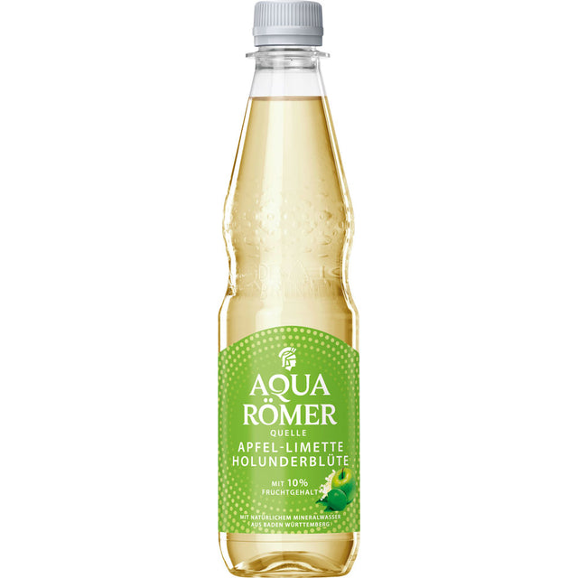 Klare PET-Flasche von Aqua Römer Quelle Apfel-Limette-Holunderblüte (12x0,5L MEHRWEG), ein fruchtiges Getränk mit wenig Kohlensäure und einem grünen Etikett. Marke: Aqua Römer.