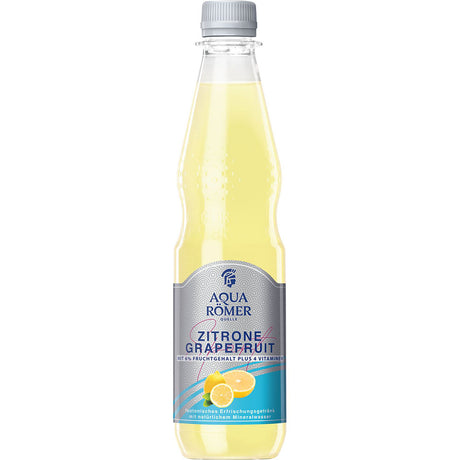Mineralwasser Aqua Römer ISO-SPORT Zitrone-Grapefruit (MEHRWEG) in der 0,5-Liter-Flasche mit Zitronen- und Grapefruitmotiven auf dem Etikett der Marke Aqua Römer. Erhältlich in einer 12er-Packung (PET).