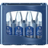 Blauer Kasten mit Aqua Römer Medium 12x0,75L Mehrweg-Glasflaschen mit blauen Etiketten, bekannt für hohen Kalziumgehalt und geringe Kohlensäure, von vorne gesehen.