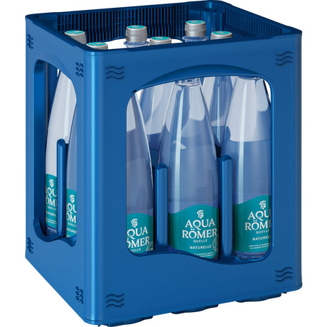 Eine blaue Kiste mit neun Flaschen Aqua Römer Naturelle PET 1L (Mehrweg), ein Mineralwasser von Aqua Römer, das für seinen hohen Kalziumgehalt und seine blaugrünen Etiketten bekannt ist.