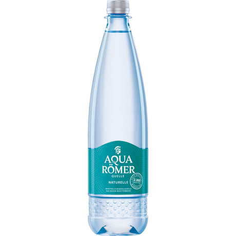 Klare Aqua Römer Naturelle PET 1L-Flasche (MEHRWEG) mit blaugrünem Etikett und weißem Verschluss, Mineralwasser ohne Kohlensäure. Marke: Aqua Römer. Packung mit 9 Flaschen.