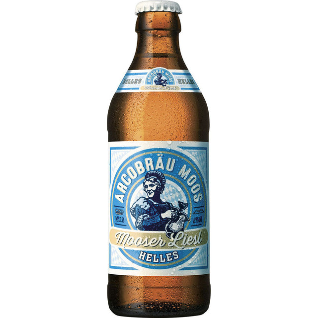 Eine braune Flasche Arcobräu Mooser Liesl Helles 20x 0,33 (MEHRWEG) von Arcobräu, mit blau-weißem Etikett und Kondensation.