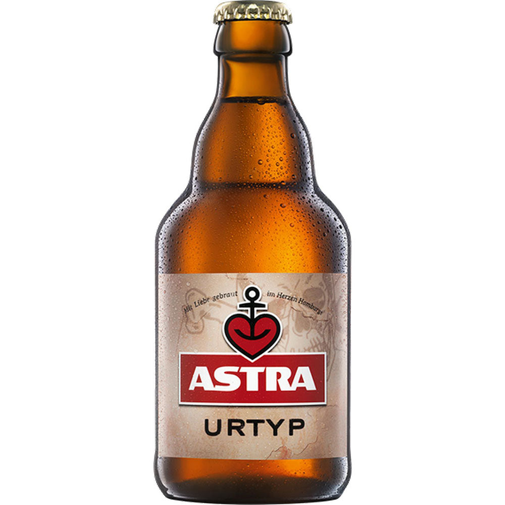 Astra Urtyp 27x 0,33 Liter (MEHRWEG) von Astra ist ein klassisches Hamburger Bier in einer braunen Glasflasche mit beigem Etikett und dem kultigen roten Herzanker-Logo.