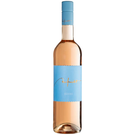 Eine Flasche „Weingut Aufricht Seegucker Rosé trocken 2025“ mit einem auffälligen blauen Etikett und einem dazu passenden blauen Verschluss vor weißem Hintergrund.