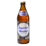 Abgebildet ist eine braune Flasche Augustiner Bräu Augustiner Weißbier 20x 0,5 Liter (MEHRWEG) mit einem blau-weißen Etikett auf weißem Hintergrund.
