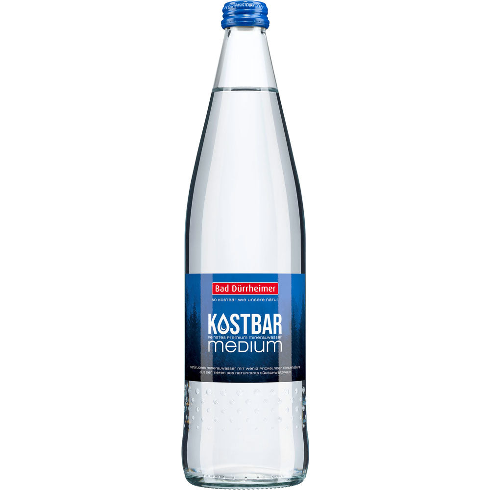 Eine Klarglasflasche Bad Dürrheimer Kostbar Mineralwasser Medium mit blauem Etikett und Verschluss, 0,75L (Mehrweg), von der geschätzten Marke Bad Dürrheimer - erhältlich im 12x0,75L-Pack.