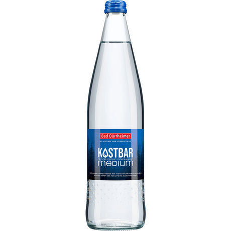 Eine Klarglasflasche Bad Dürrheimer Kostbar Mineralwasser Medium mit blauem Etikett und Verschluss, 0,75L (Mehrweg), von der geschätzten Marke Bad Dürrheimer - erhältlich im 12x0,75L-Pack.