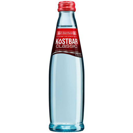 Klarglasflasche Bad Dürrheimer Kostbar Mineralwasser Classic Exklusiv (Mehrweg) mit rotem Etikett und Verschluss, 0,25L, 24er Pack.