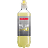Eine Flasche Bad Dürrheimer Kostbar Sport-Aktiv ISO Citrus PET (0,5 l, EINWEG) mit grau-gelbem Etikett hebt das Schwarzwälder Mineralwasser hervor.