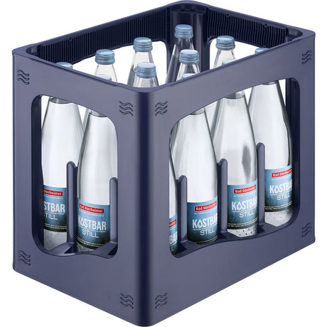 Eine Kiste mit zwölf Flaschen Bad Dürrheimer Kostbar Mineralwasser Still (12x0,75L Mehrweg), natürliches stilles Mineralwasser von Bad Dürrheimer, jede Flasche mit blauen und roten Etiketten versehen.