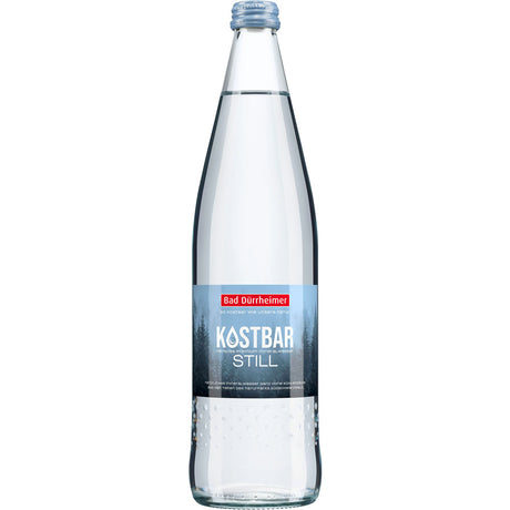 Eine Glasflasche Bad Dürrheimer Kostbar Mineralwasser Still, 0,75 l (Mehrweg), mit dem blau-weißen Etikett der Marke Bad Dürrheimer.
