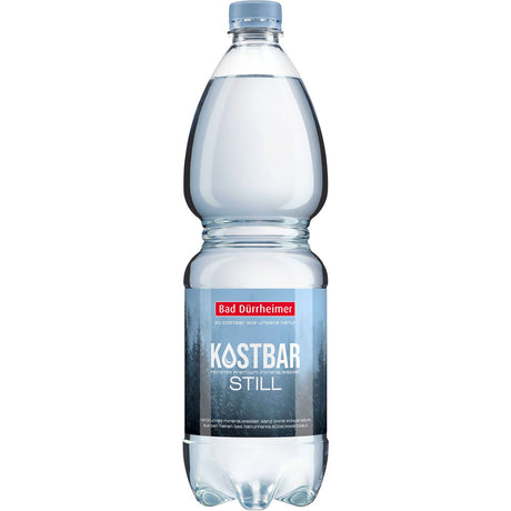 Eine 1L-PET-Flasche Bad Dürrheimer Kostbar Mineralwasser Still (9er-Pack, EINWEG) von Bad Dürrheimer mit hellblauem Verschluss und Etikett, gewonnen aus den Quellen von Schwarzwald Mineralwasser.