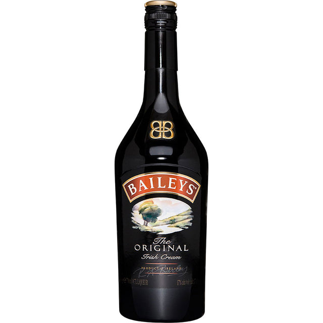 Eine 0,7-Liter-Flasche Baileys Irish Cream 17% mit einem landschaftlichen Motiv auf dem Etikett, das die klassische Mischung aus Sahne und irischem Whiskey von Baileys darstellt.
