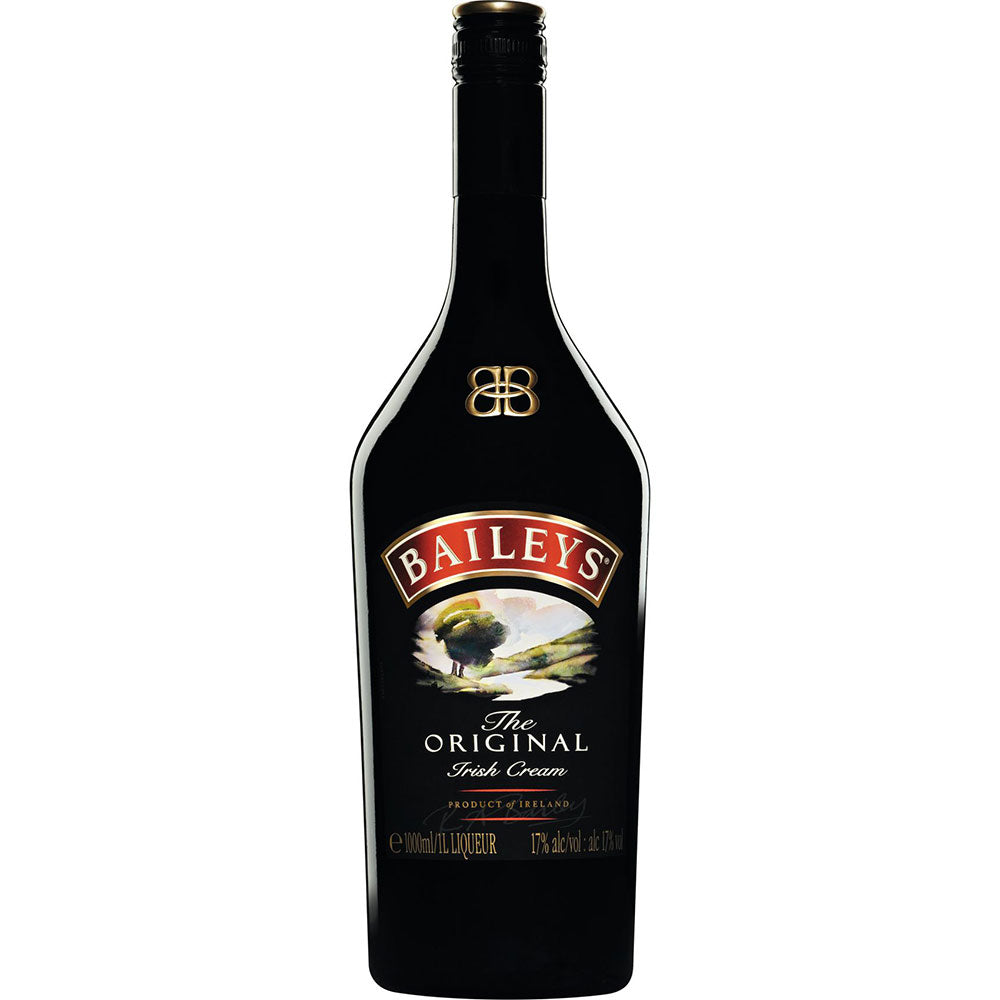 Eine 1-Liter-Flasche Baileys Irish Cream 17% von Baileys mit einem schwarzen Etikett mit eleganten goldenen Akzenten.