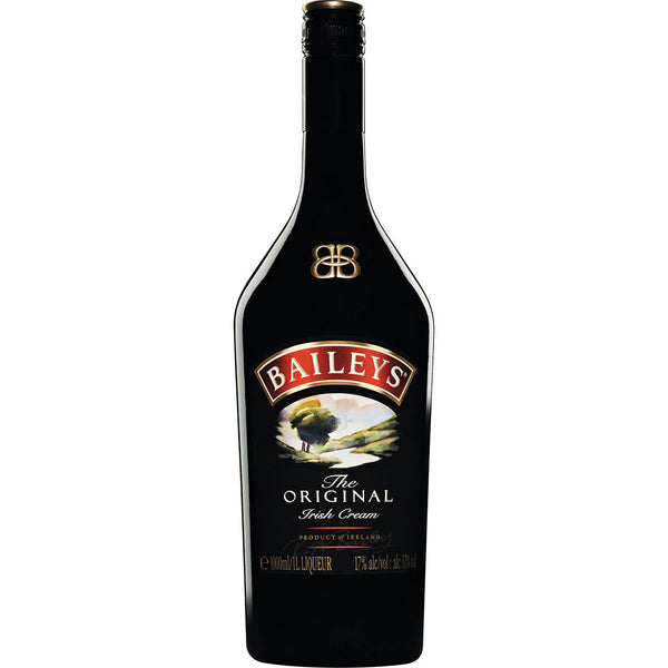 Eine 1-Liter-Flasche Baileys Irish Cream 17% von Baileys mit einem schwarzen Etikett mit eleganten goldenen Akzenten.