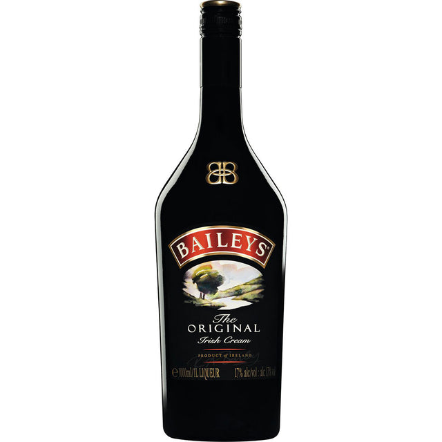 Eine 1-Liter-Flasche Baileys Irish Cream 17% von Baileys mit einem schwarzen Etikett mit eleganten goldenen Akzenten.