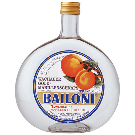 Bailoni Original Gold-Marillenschnaps 40% 0,7 Liter hat eine runde Flasche mit Aprikosenmotiv, die den authentischen Geschmack der Wachauer Marillen in jedem Schluck wiedergibt.