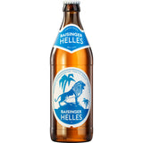 Baisinger Helles 20x 0,5 Liter (MEHRWEG) - eine braune Bierflasche mit blau-weißem Baisinger-Etikett, auf dem ein Löwe abgebildet ist, der für schwäbische Braukunst und den erfrischenden Geschmack von untergärigem Vollbier steht.