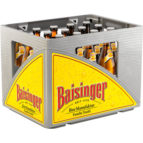 Graue Kiste gefüllt mit Baisinger Spezial 20x 0,5 Liter (MEHRWEG) Glasflaschen mit der Marke Baisinger und gelben Etiketten, die die schwäbische Brautradition hervorheben.