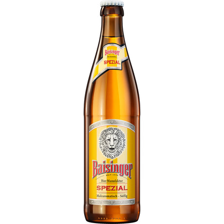 Braunglasflasche Baisinger Spezial 20x 0,5 Liter (MEHRWEG) mit dem Baisinger-Löwen-Logo und einem leuchtend gelben, roten und silbernen Etikett, das echte schwäbische Brautradition hervorhebt.