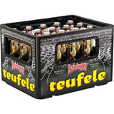 Eine Kiste Baisinger Teufele Bügel 20x0,33L (MEHRWEG) Bierflaschen mit gelbem und rotem Branding auf einem schwarzen Behälter der Marke Baisinger, gebraut auf der Schwäbischen Alb.