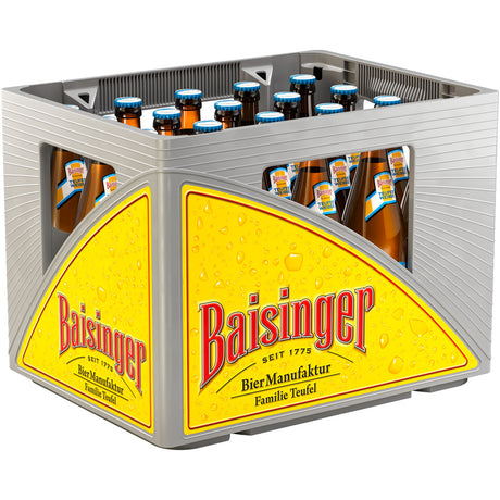 Eine graue Kiste mit mehreren Flaschen Baisinger Teufels Weisse Hefeweizen alkoholfrei 20x0.5L mit gelben Etiketten.